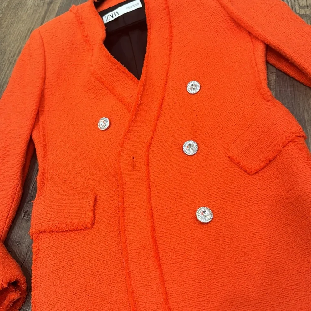 Zara Bright Orange Red Tweed Diamond Button Blazer - Picture 14 of 15